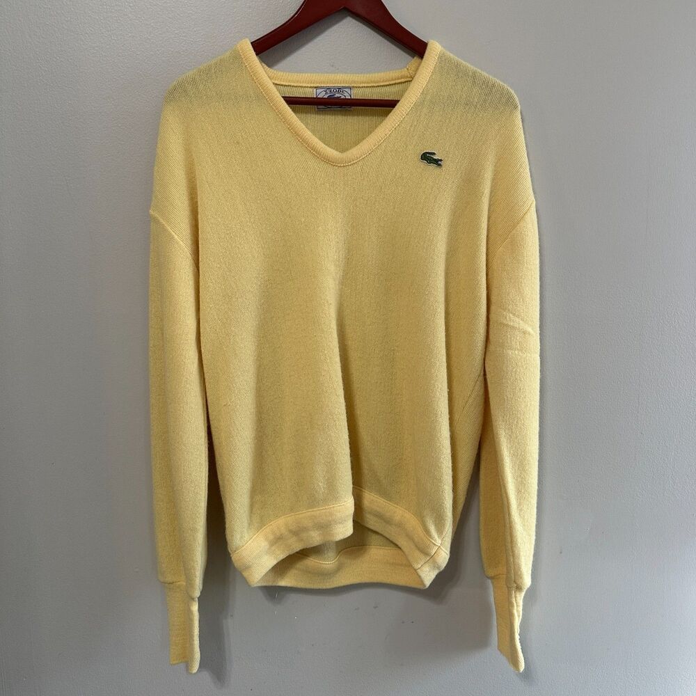 Vintage Izod Lacoste Mens Large Sweater Yellow V-Neck Union Made 80's Made USA
